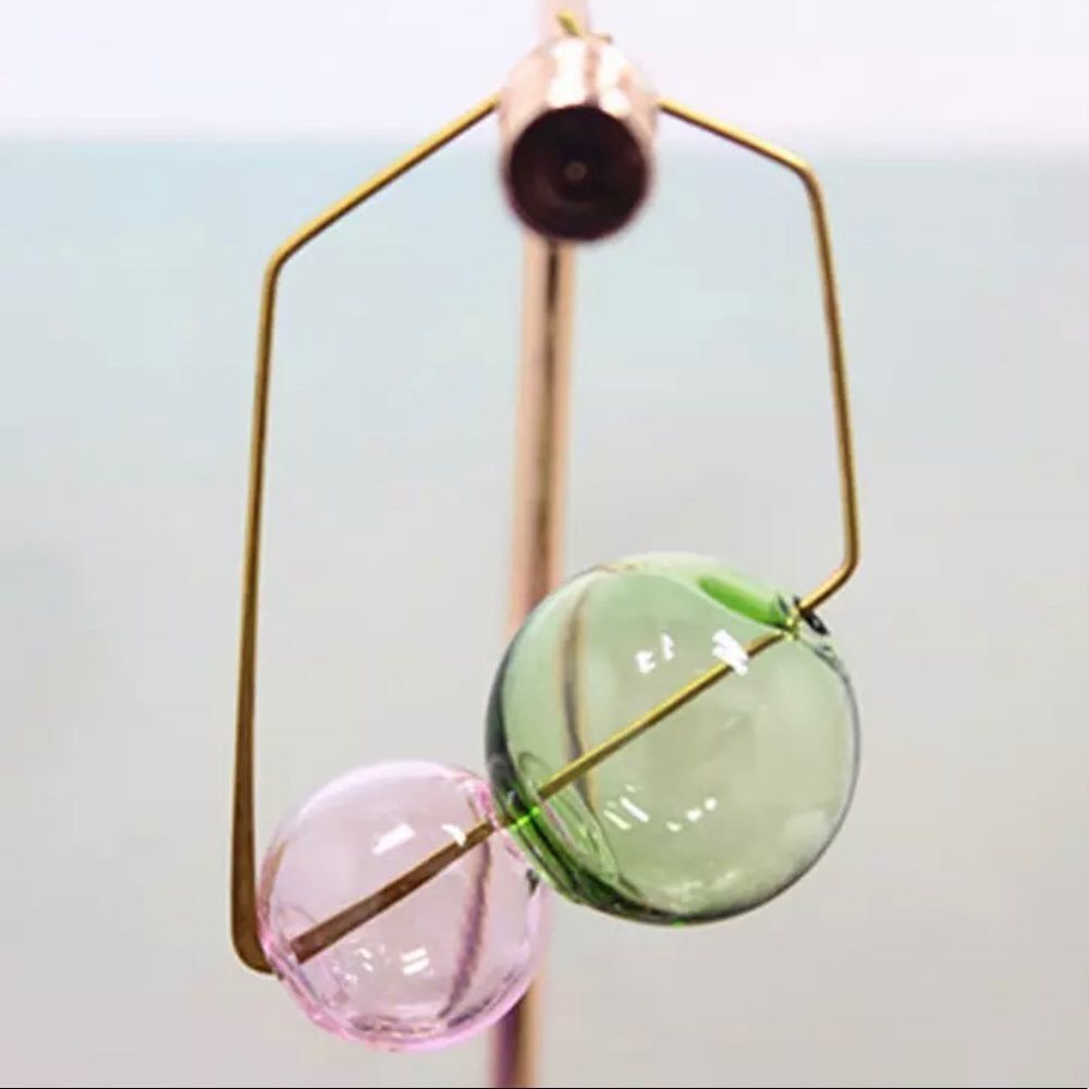 Double Glass Balls Square Hoop Earrings - Picture 4 of 7